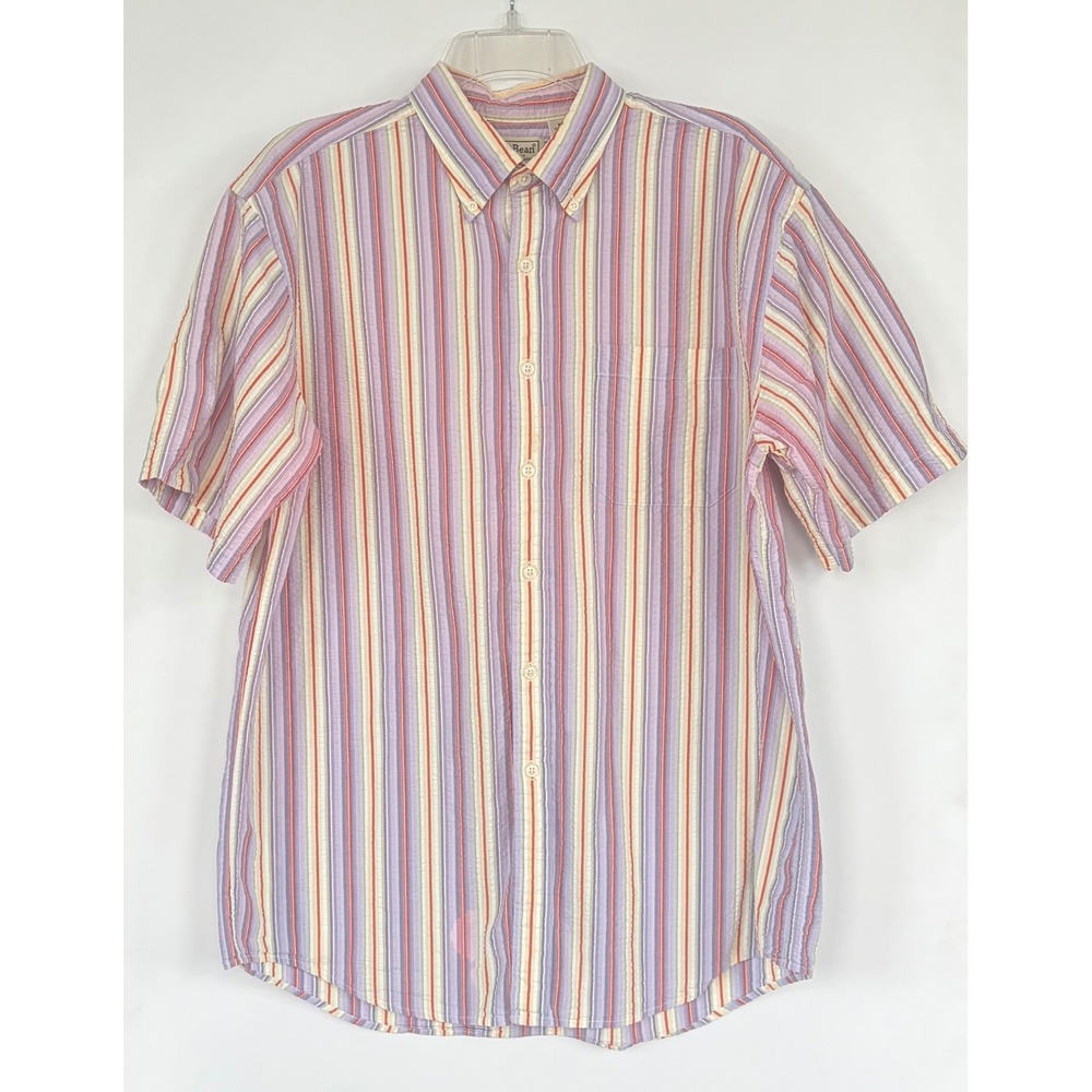 L.L. Bean Mens Medium Purple Seersucker Shirt Striped Short Sleeve Button Down